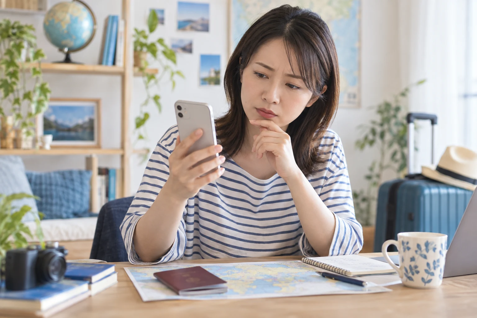 出発前にスマートフォンで入国申告を調べ、支払いを求める画面に違和感を持って立ち止まる女性旅行者