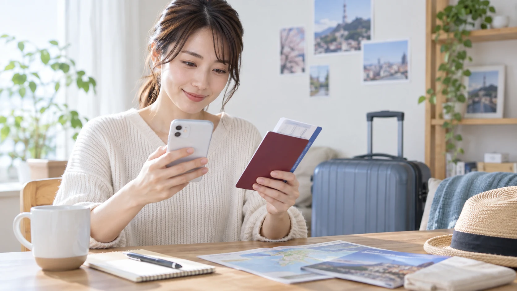 出発前にパスポートと航空券情報をそろえ、スマートフォンで韓国旅行の手続きを確認する女性旅行者