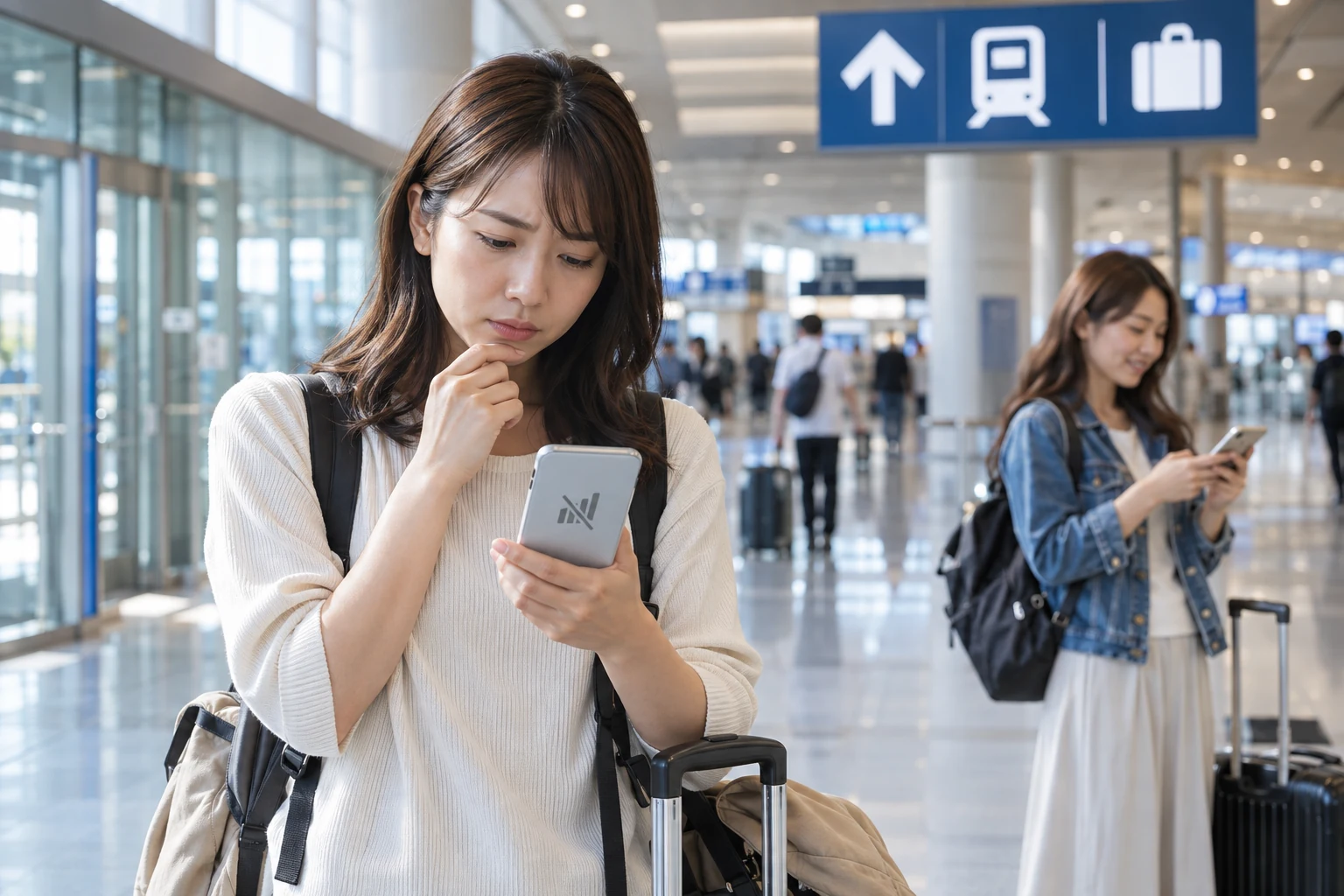 韓国の空港でスマートフォンの通信設定を見ながら少し困る女性旅行者と地図を確認する友人
