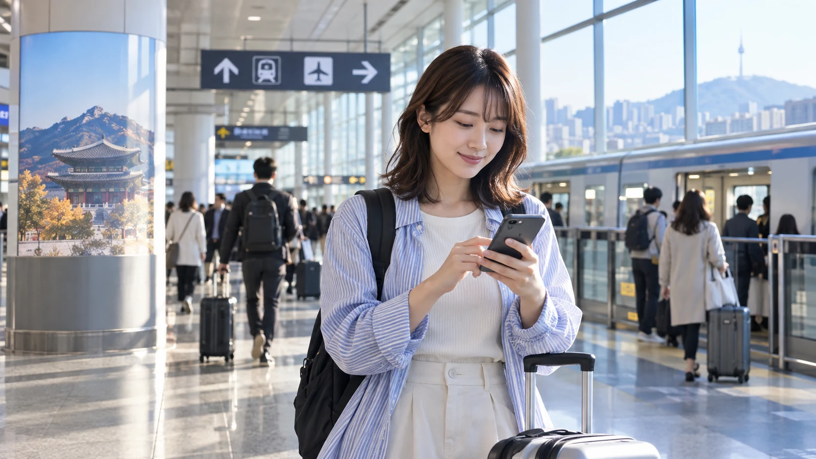 韓国到着後の空港でスマートフォンを使って移動ルートを確認する女性旅行者
