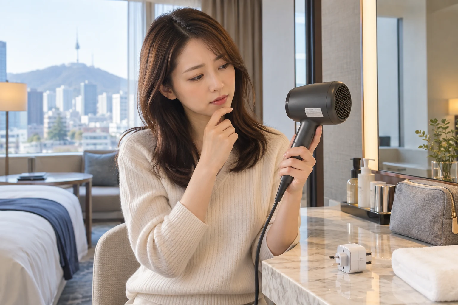 韓国のホテルでドライヤー本体の表示を確認し変換プラグを接続する前に立ち止まる女性旅行者