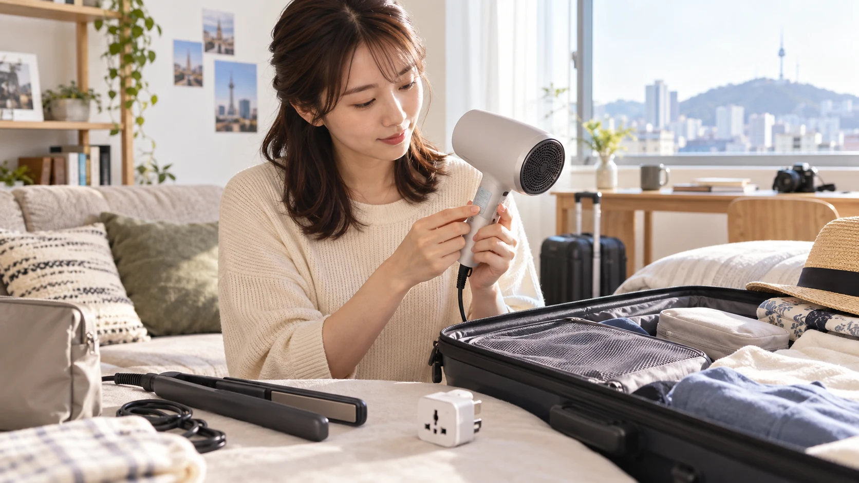旅行前にスーツケースのそばでドライヤー本体の表示を確認する女性旅行者
