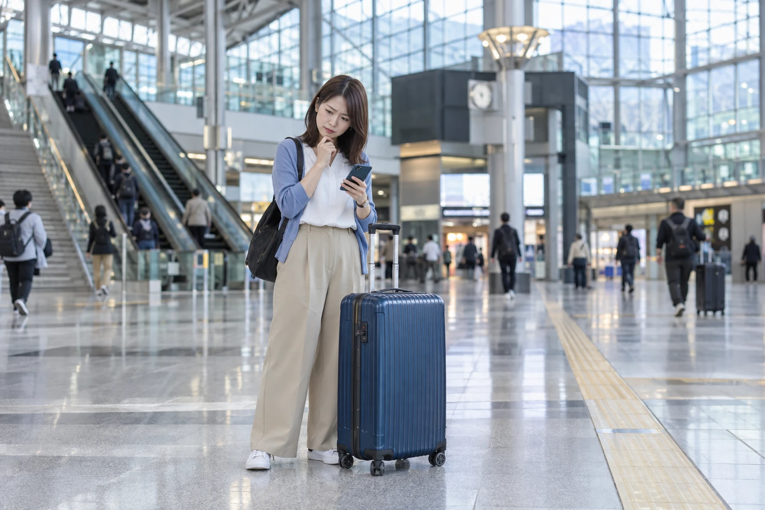 ソウル駅で大きなスーツケースを持ちホテルまでの次の移動をスマートフォンで確認する女性旅行者