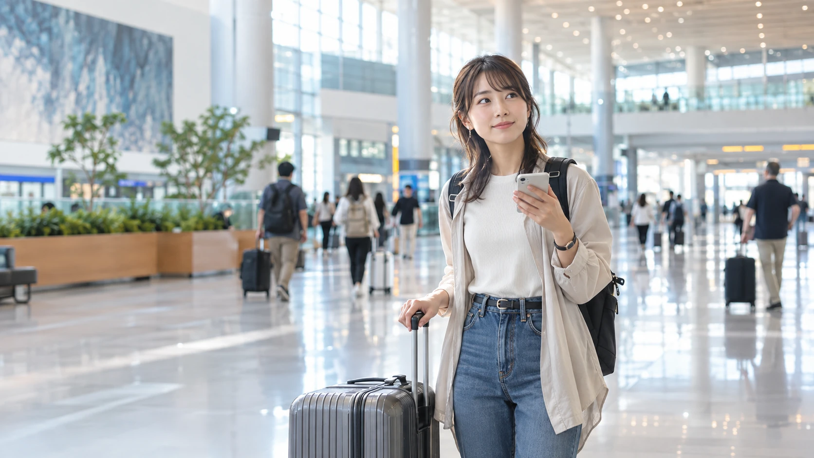 仁川空港到着後にスーツケースを持ちスマートフォンで移動方法を考える女性旅行者