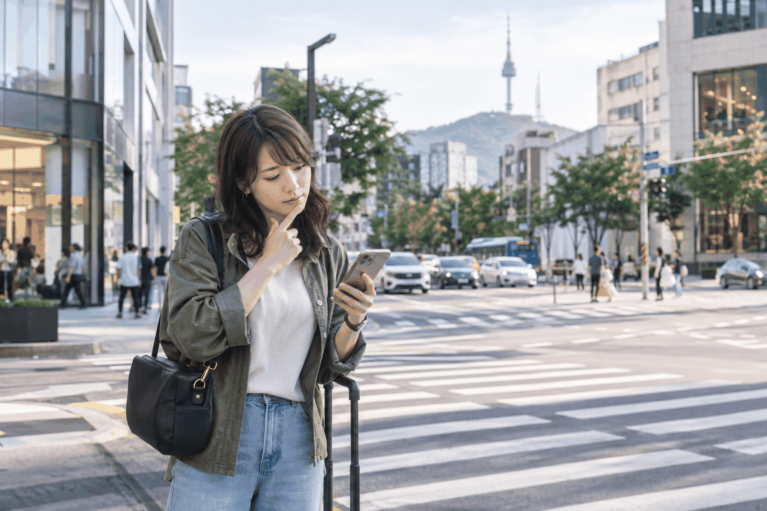 ソウルの明るい街角でスマートフォンの地図を確認し、少し迷いながらも落ち着いて進む女性旅行者