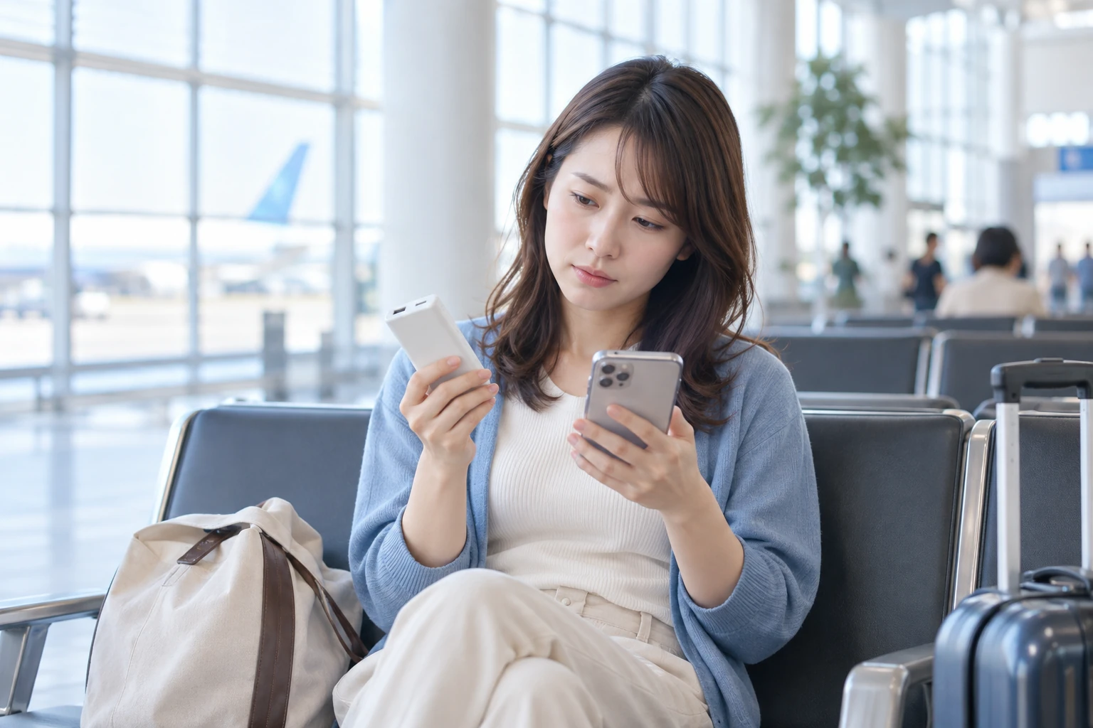 空港でスマートフォンを見ながらモバイルバッテリーの扱いを確認する女性旅行者