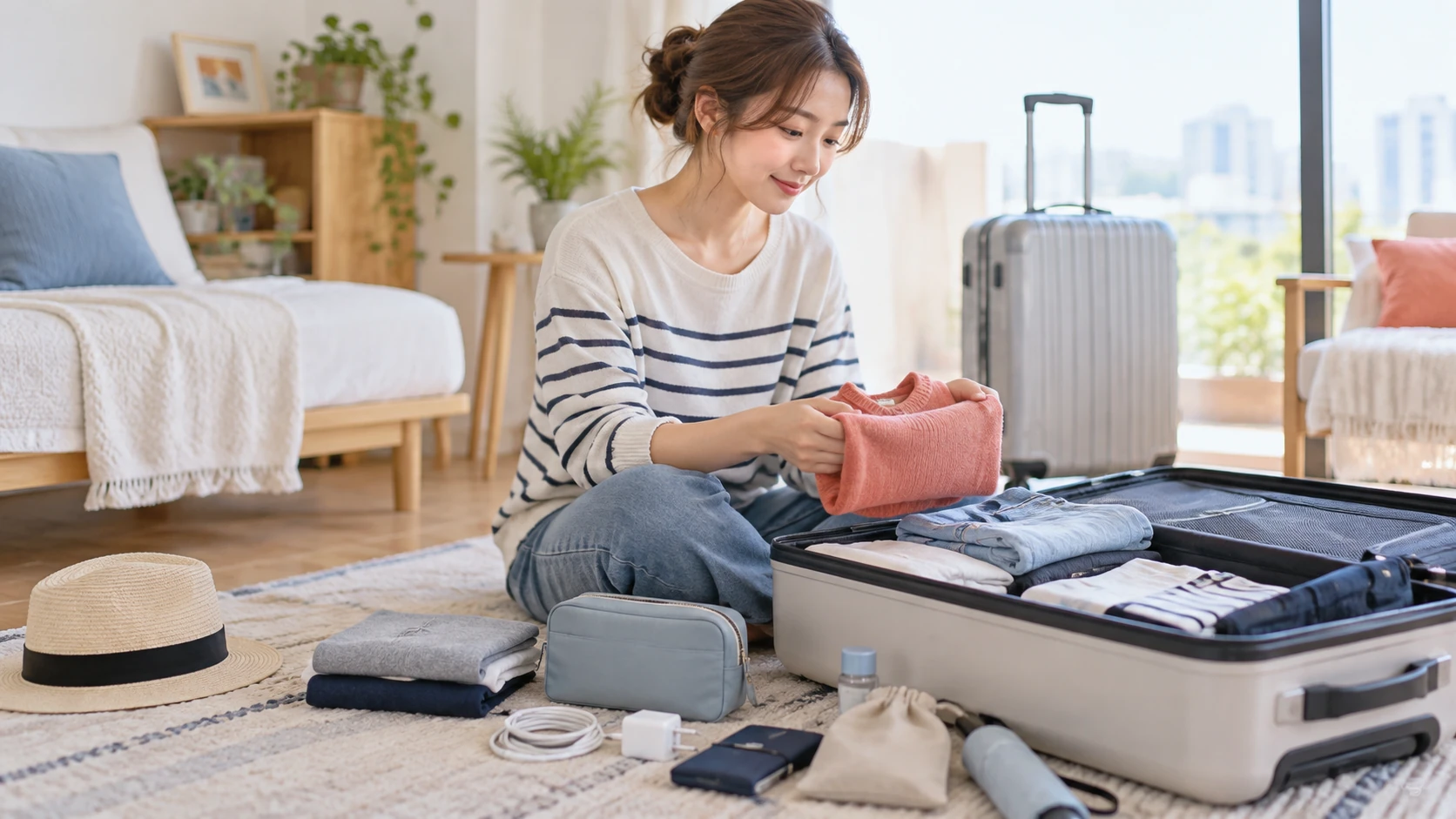 出発前にスーツケースの前で必要な物だけを整理する女性旅行者