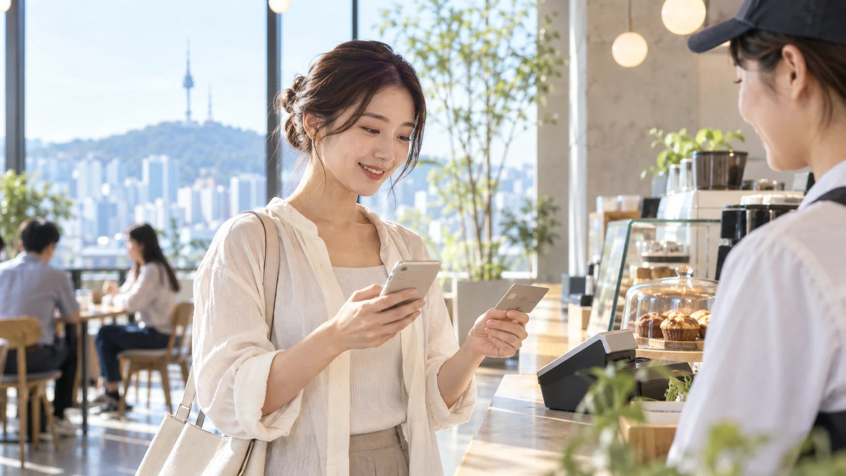 ソウルのカフェでスマートフォンとカードを手に支払い方法を選ぶ女性旅行者
