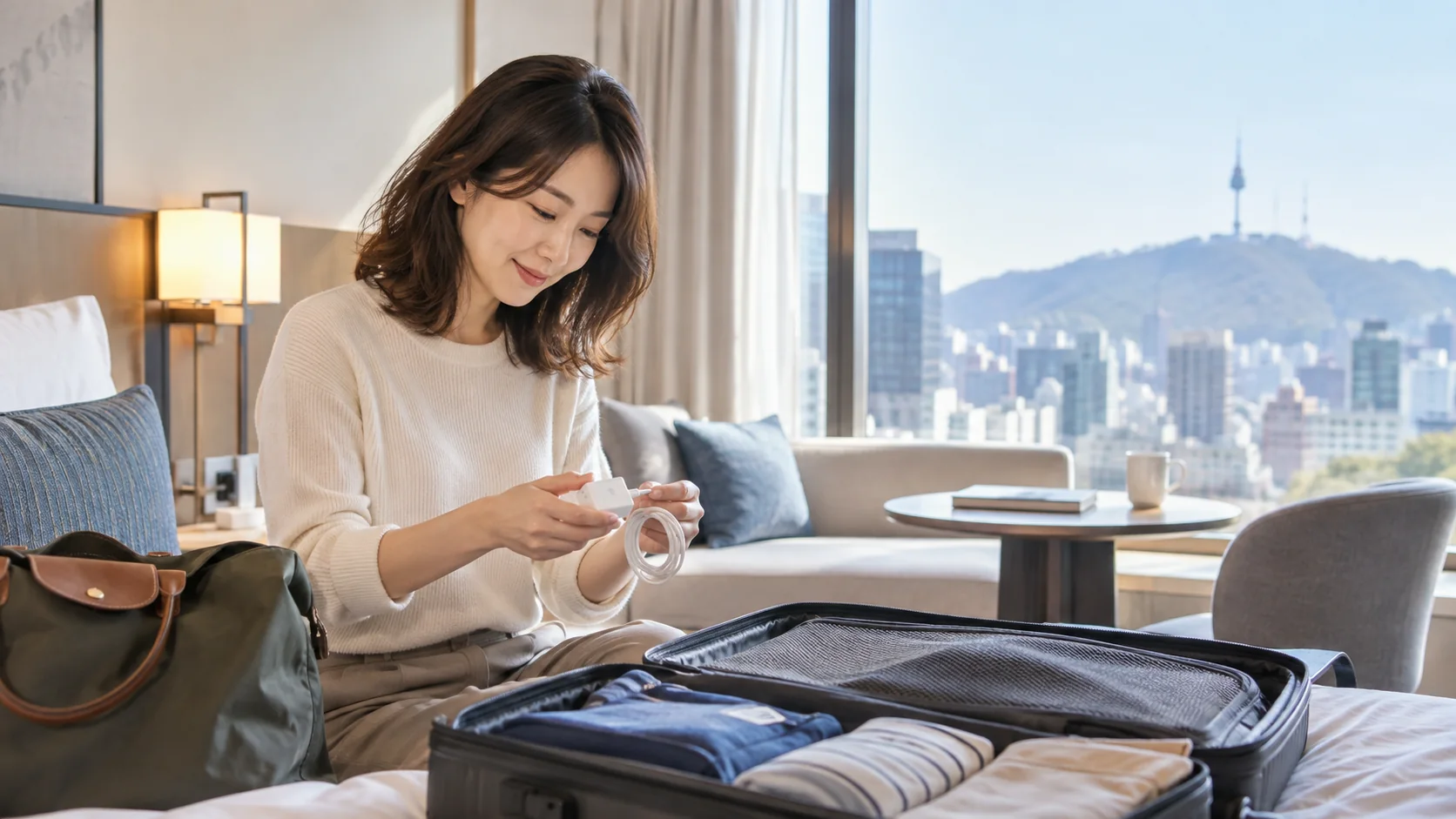 ソウルのホテルで旅行準備をしながらスマホ充電器を確認する女性旅行者