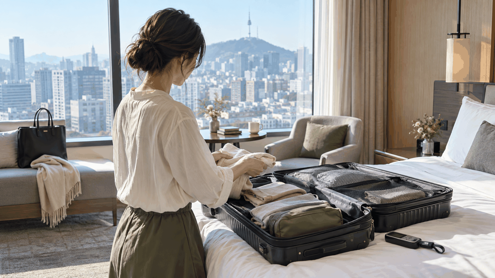 ソウルのホテルで帰国前にスーツケースを整理する旅行者