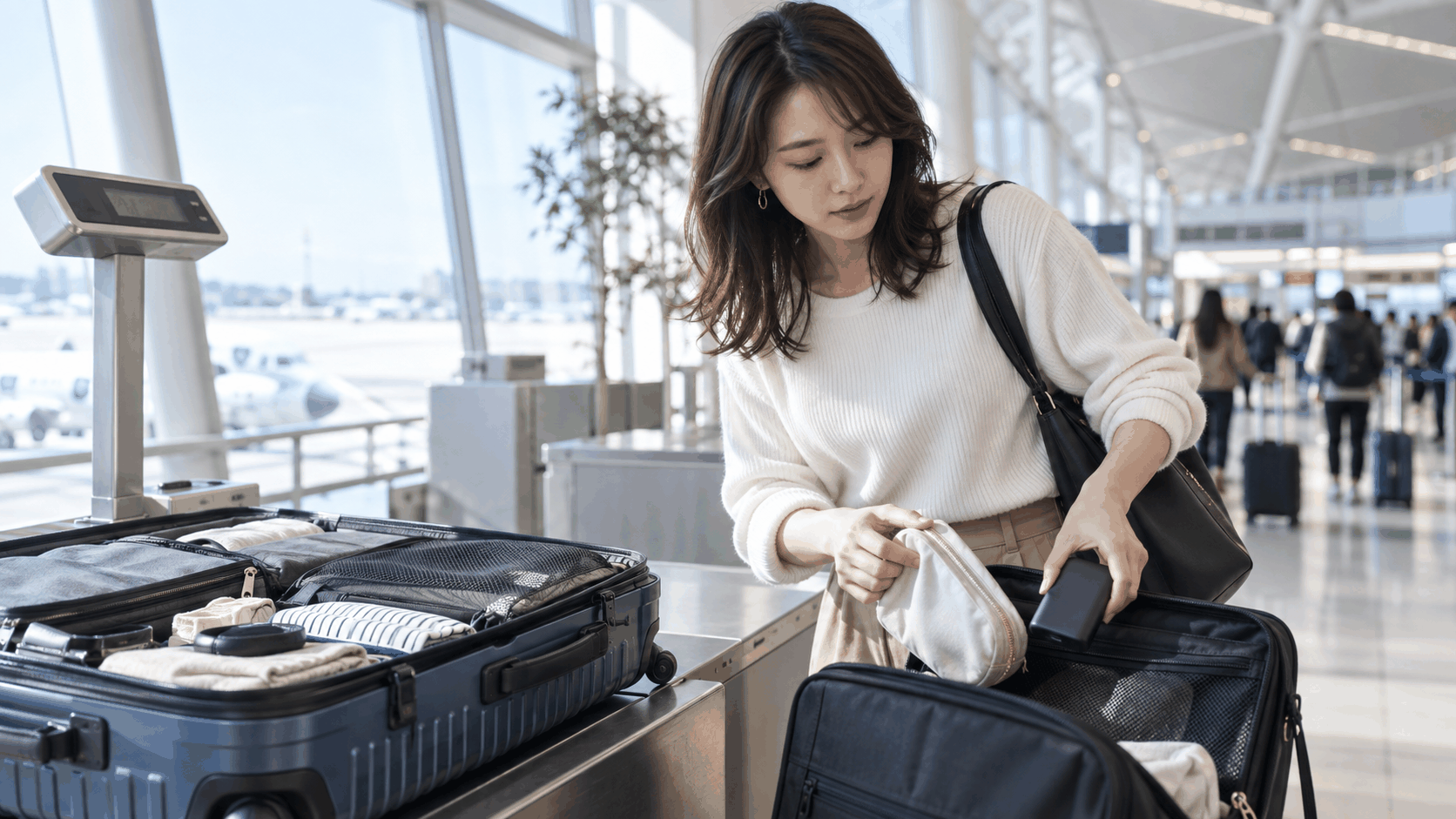 空港でスーツケースから手荷物へ荷物を移し替える旅行者