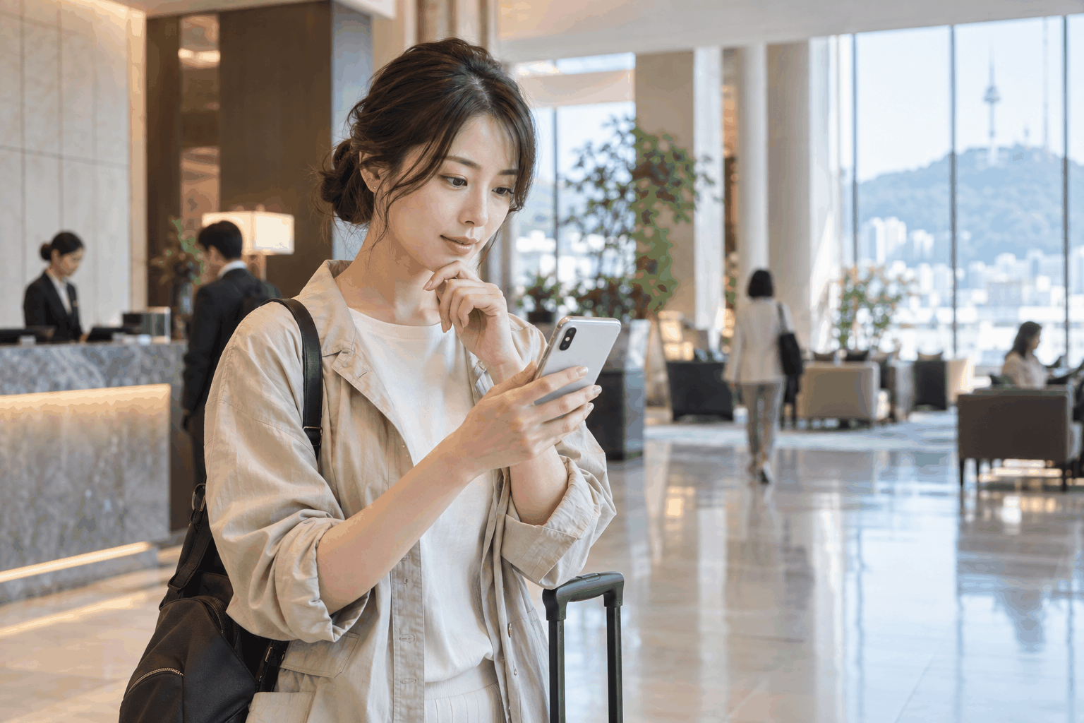 ソウルのホテルロビーでスマートフォンを確認し、困った時の連絡先を落ち着いて考える女性旅行者