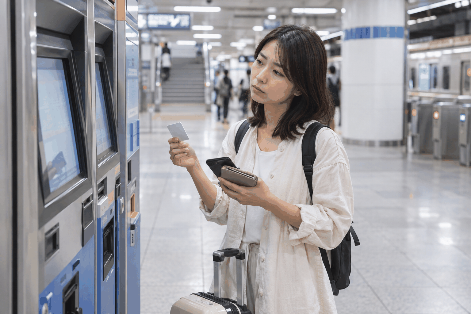 ソウルの地下鉄駅で無地の交通カードを手にチャージ機を確認し、少額現金が必要と気づく女性旅行者
