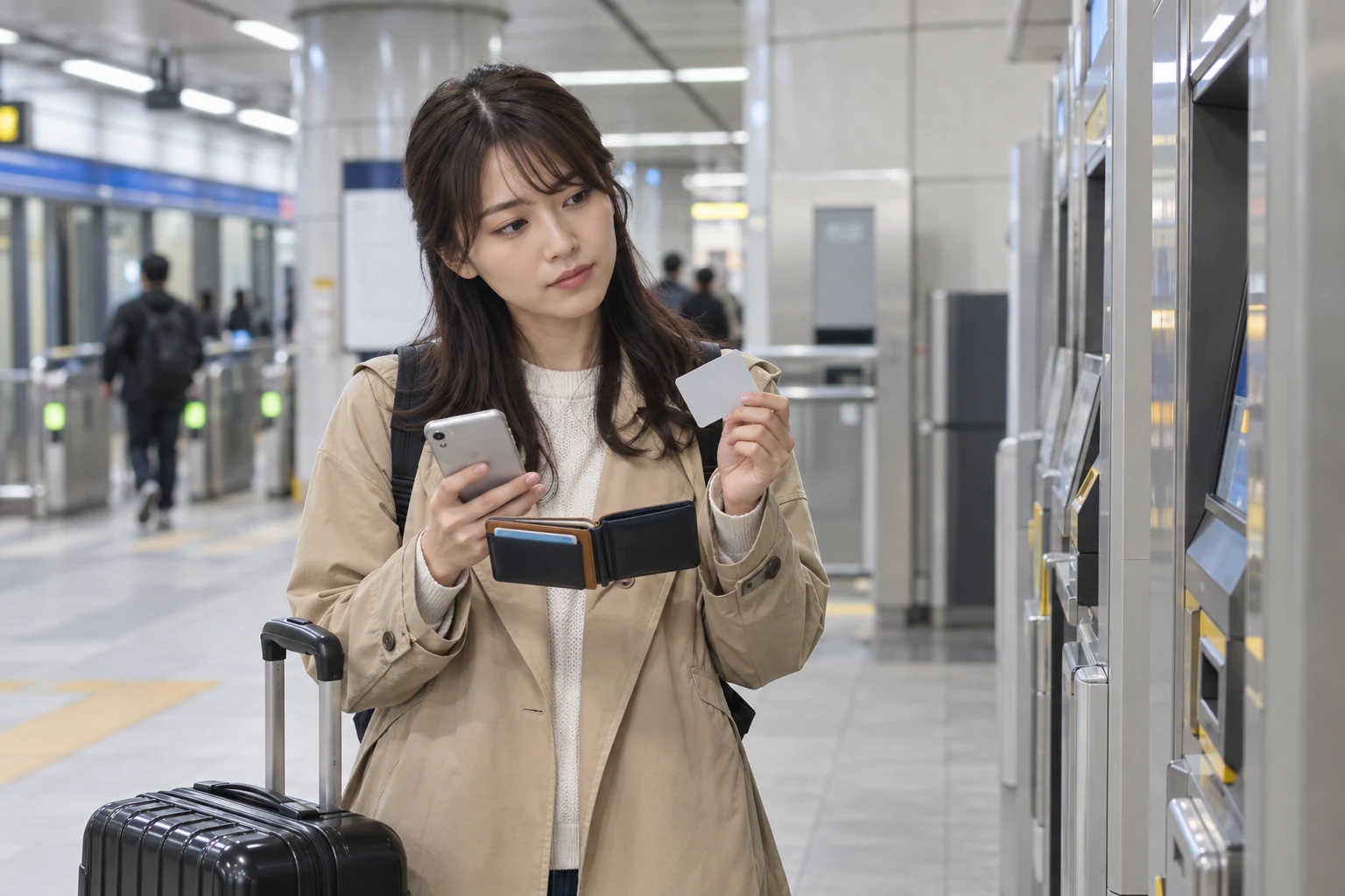 ソウルの地下鉄駅でスマートフォンと無地の交通カードを持ち、スーツケースと改札前に立つ女性旅行者